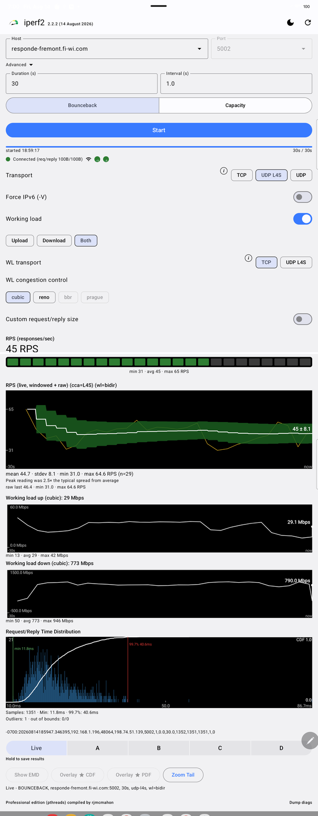 Bounceback live meters showing RPS and working load up/down